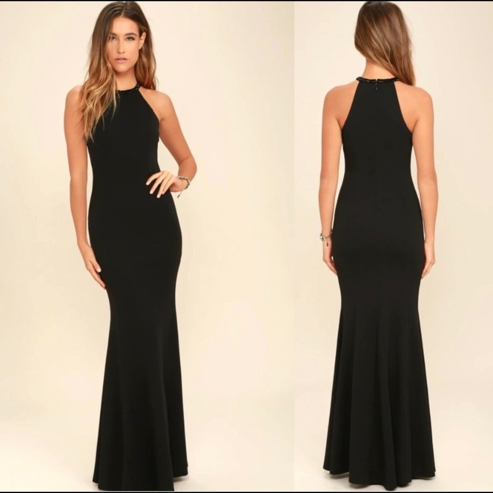 Lulus Girl in the Mirror Beaded Halter Neckline Black Maxi Dress Size M